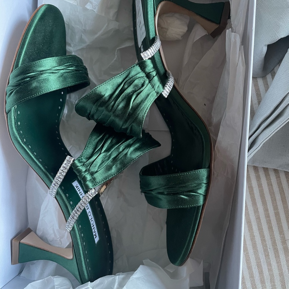 Manolo  Blahnik green silk and rhinestones open toe sandals 70 mm